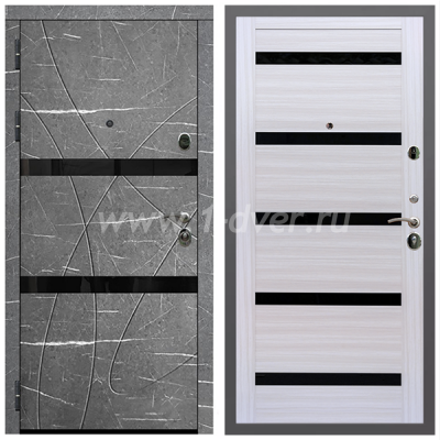 Входная дверь Армада Гарант Торос графит ФЛС-25 СБ-14 Черное стекло Сандал белый 16 мм