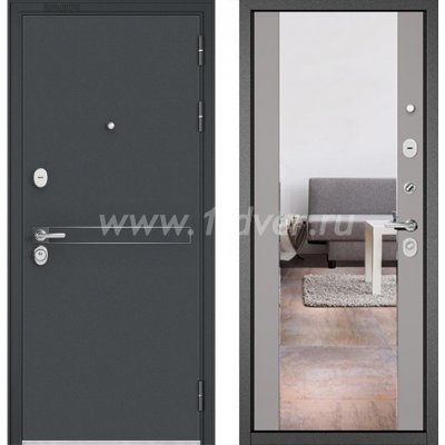 Входная дверь Бульдорс (Mastino) Trust Standart-90 черный муар металлик D-4, эмаль светло-серая 9S-164, зеркало