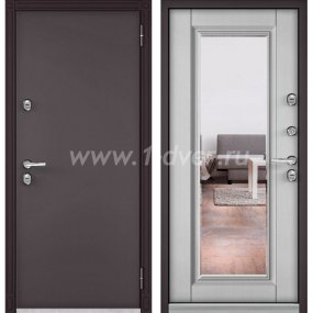 Входная дверь Бульдорс (Mastino) Standart Termo букле шоколад, дуб белый матовый 10T-140, зеркало - стандартные входные двери с установкой