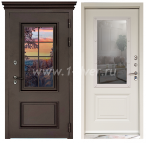 Входная дверь ND с терморазрывом Термо Аляска 3К с окном, коричневый муар, эмаль белая - двери с порошковым напылением с установкой